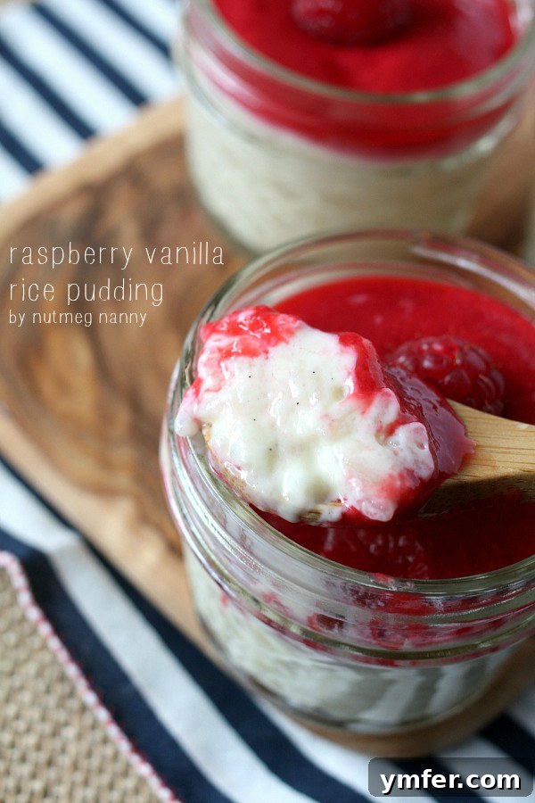 Decadent Raspberry Vanilla Rice Pudding, a perfect dessert Close-up of Raspberry Vanilla Rice Pudding with Coconut Milk