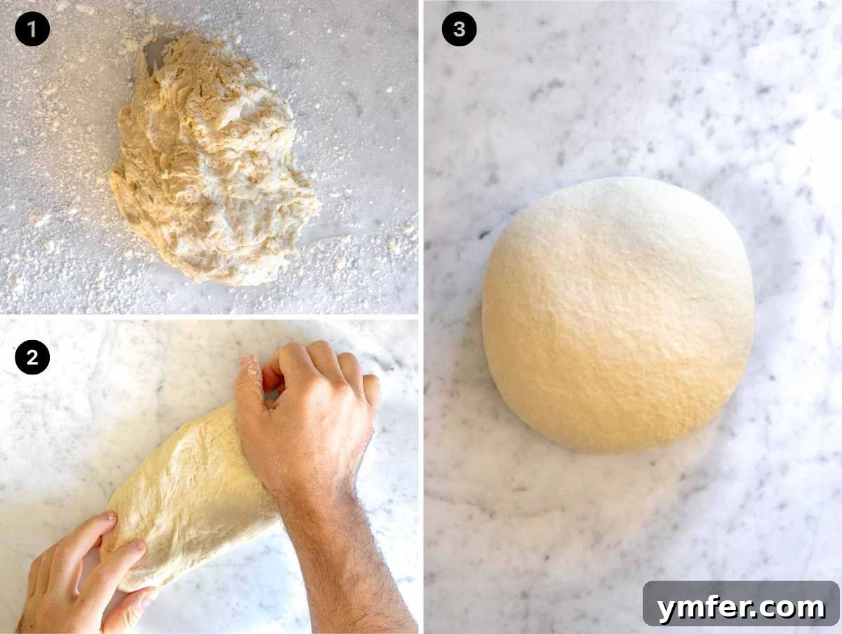 Pillowy Naan 7 Hands kneading a naan bread dough on a floured surface, showing the smooth and elastic texture being developed.