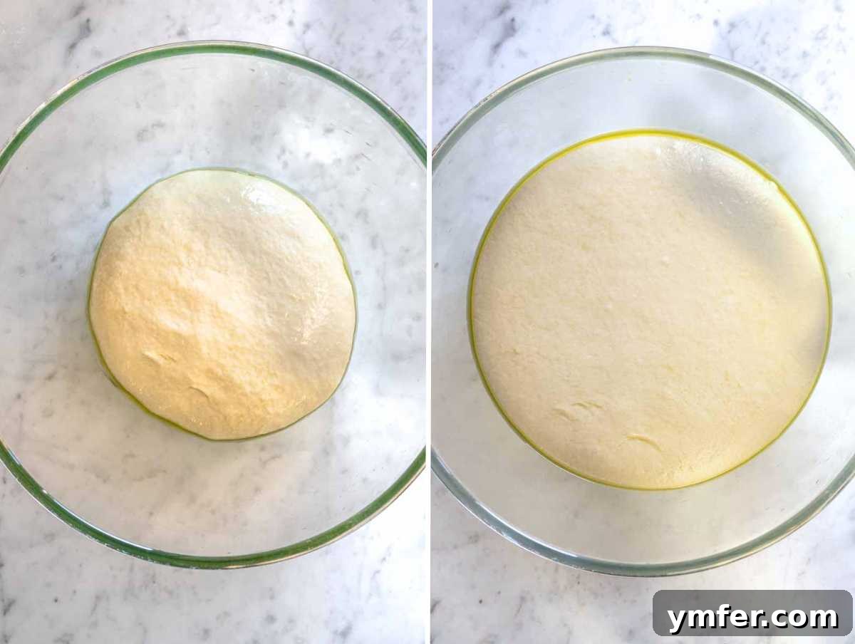 Pillowy Naan 8 Two bowls showing naan dough: one before proofing (small) and one after proofing (doubled in size).