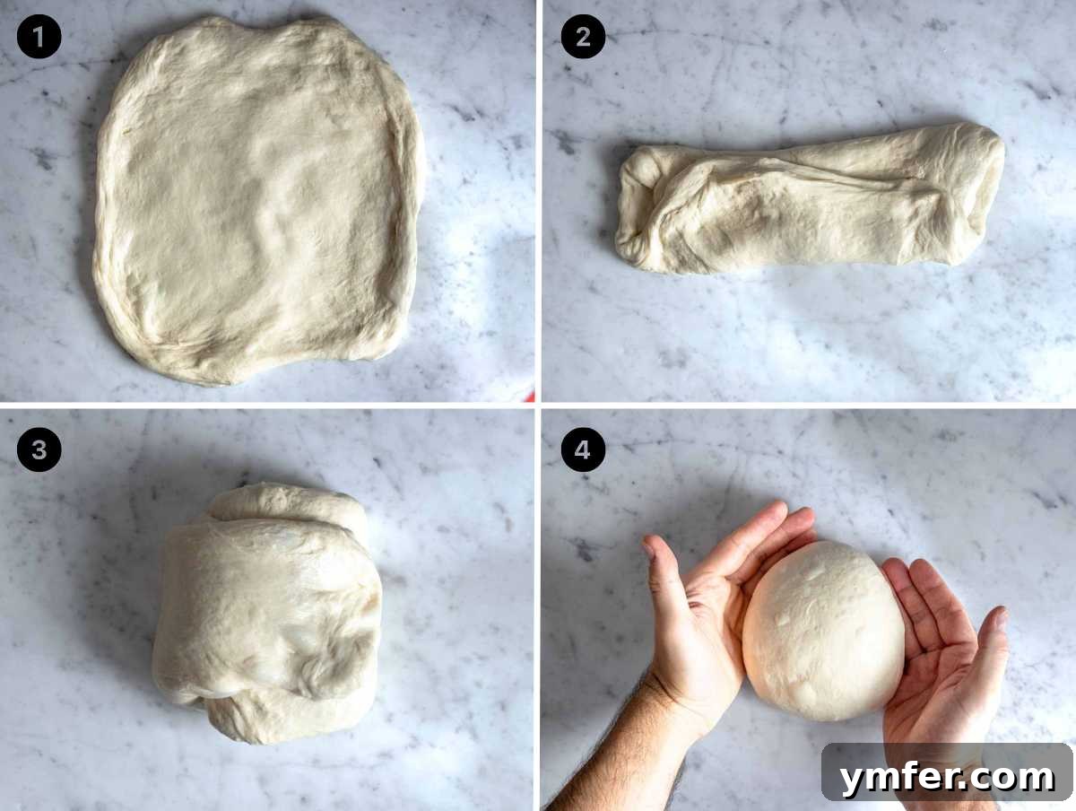 Pillowy Naan 9 Hands demonstrating how to fold and shape the proofed naan dough to develop its structure.