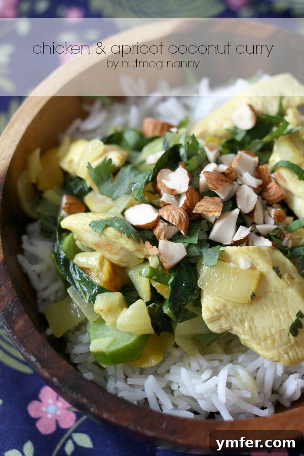 Chicken Apricot Coconut Curry by Nutmeg Nanny A vibrant bowl of Chicken Apricot Coconut Curry, garnished with fresh cilantro and toasted almonds, ready to be served over fluffy basmati rice.