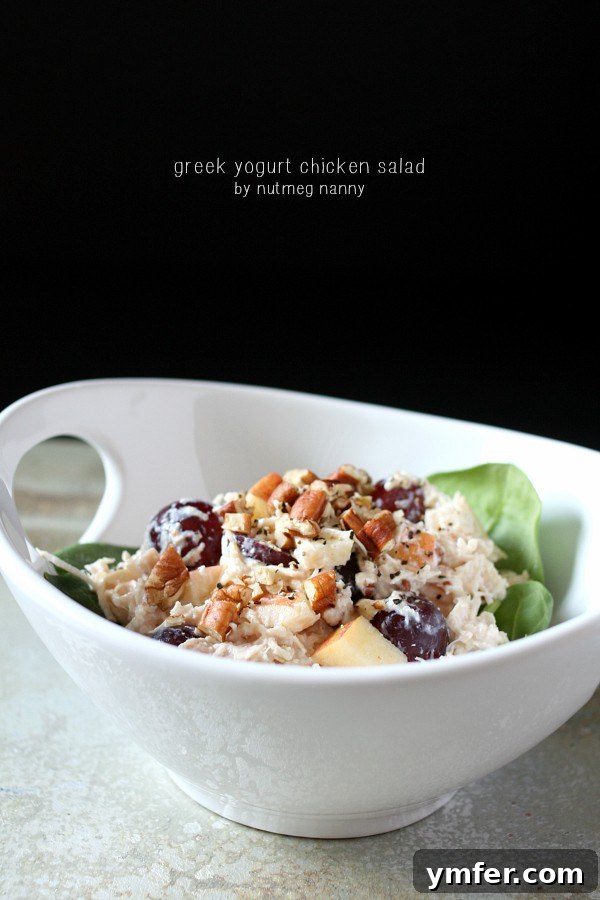 Greek Yogurt Chicken Salad by Nutmeg Nanny Close-up of Greek Yogurt Chicken Salad in a bowl