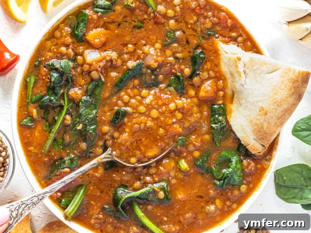 Wholesome Lentil Harvest Soup 11 Easy lentil vegetable soup with pita bread and hand holding a silver spoon