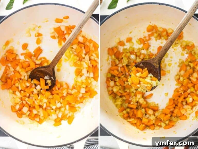 Making the flavor base for lentil vegetable soup