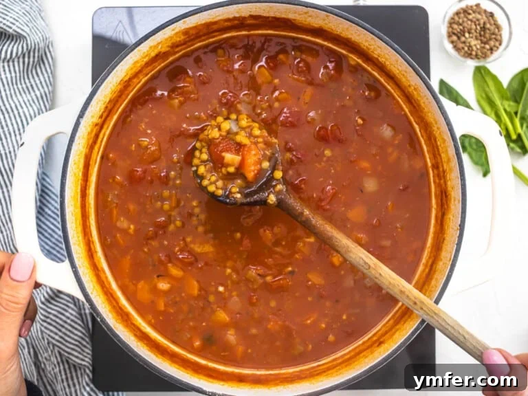 lentils and vegetables in a tomato soup and hand holding a wooden spoon