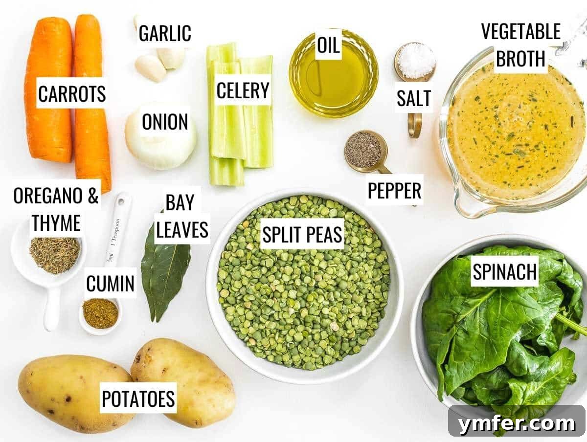 Golden Pea Goodness 4 A selection of fresh ingredients including green split peas, carrots, celery, onion, garlic, and herbs, artfully arranged for making split pea soup.
