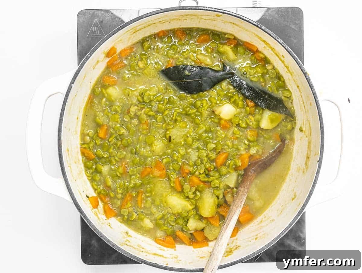 Golden Pea Goodness 9 Diced potatoes and other vegetables simmering together in the soup pot, contributing to the bulk and creaminess of the split pea soup.