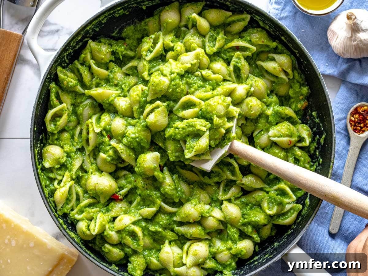 Effortless St Patricks Day Delights 9 Pasta in a skillet tossed with a bright green broccoli sauce.