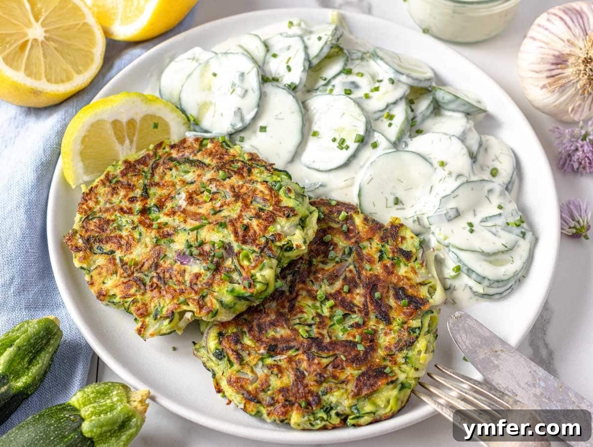 Effortless St Patricks Day Delights 4 Golden zucchini fritters served with a creamy cucumber salad.