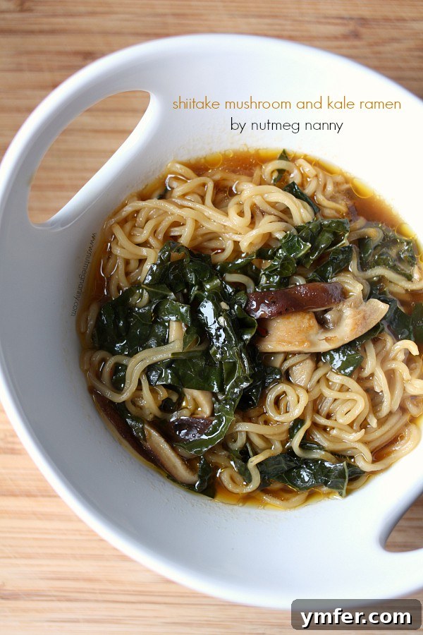 Hearty Shiitake Kale Ramen 2 A steaming bowl of hearty shiitake mushroom and kale ramen, perfect for cold winter days, featuring shiitake mushrooms, fresh kale, and ramen noodles in a savory broth.
