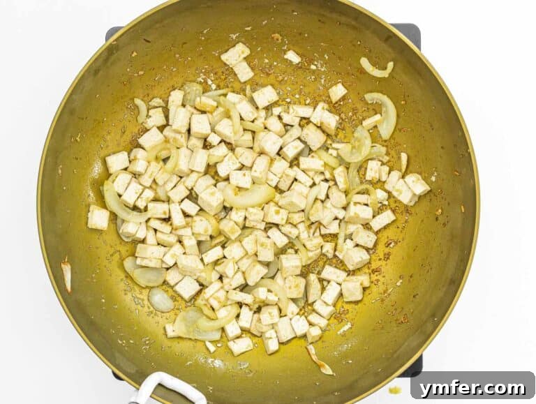 tofu cubes and fried onion in a work
