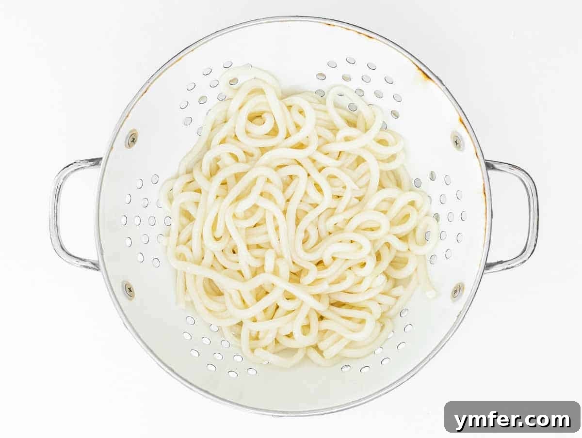 Sizzling Japanese Udon Stir-fry 9 coooked udon noodles in a sift