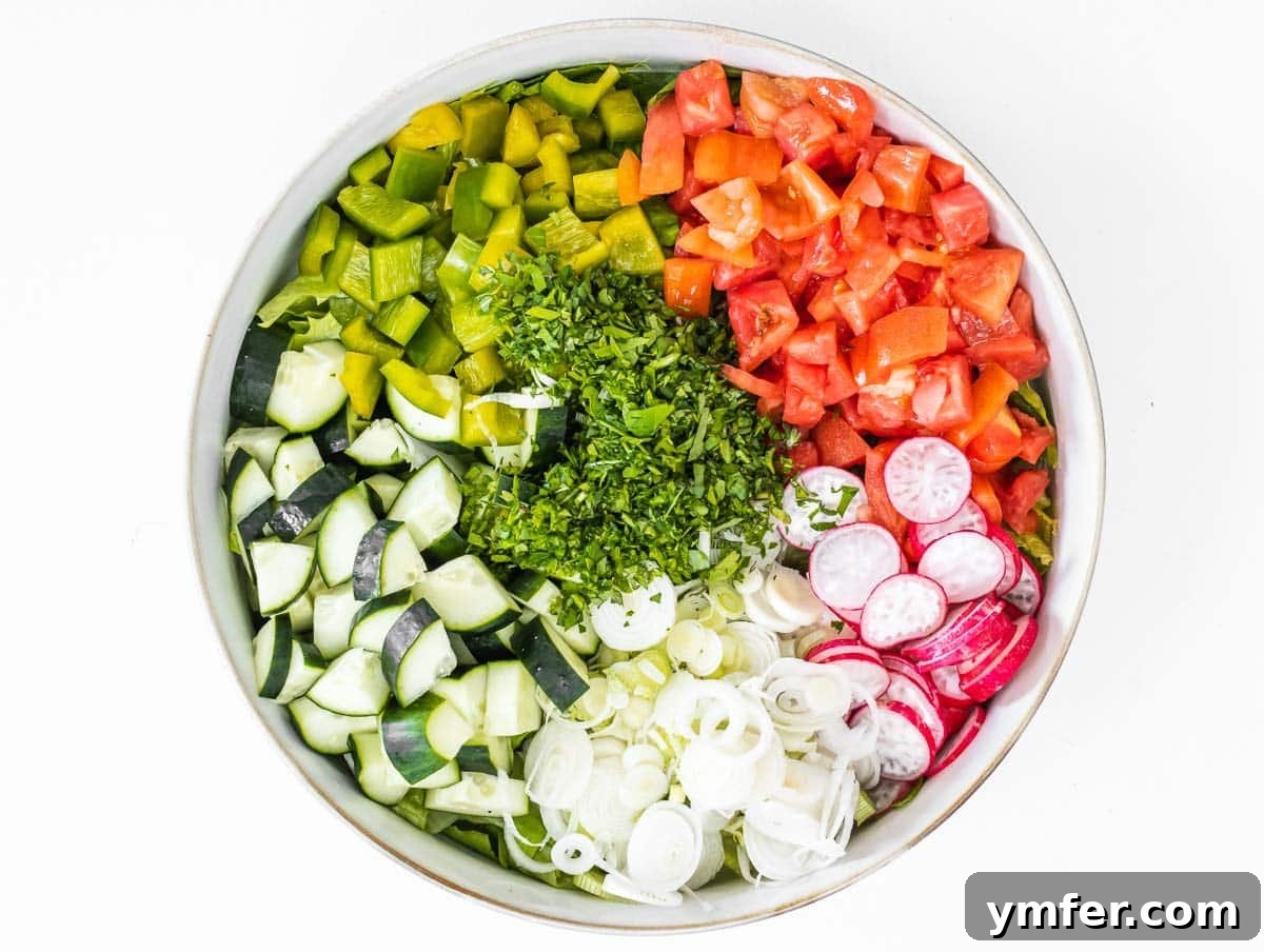Fresh Fattoush 7 Mixed fresh vegetables in a large bowl, ready for the dressing.