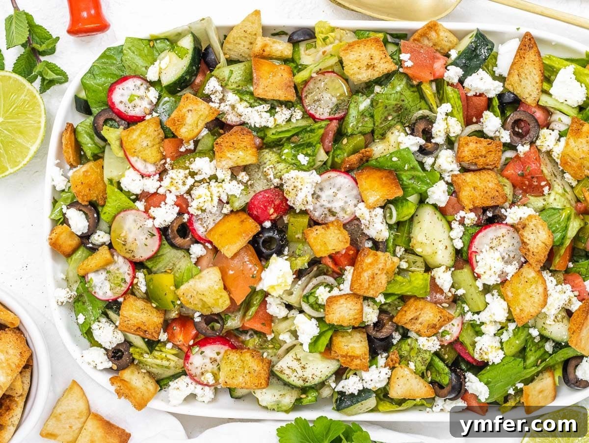 Fresh Fattoush 9 Fattoush salad with crumbled feta cheese and fresh mint.