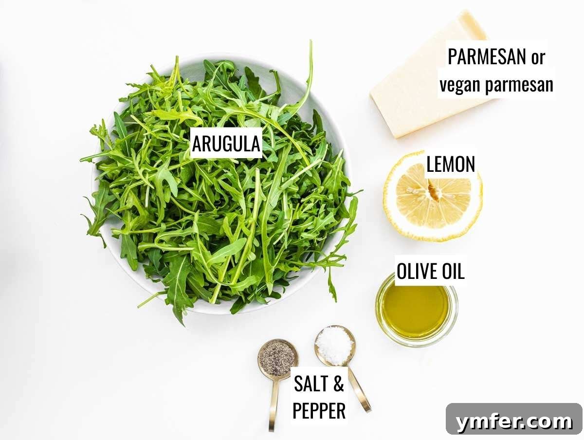 Rucola Rocket Greens with Citrus Vinaigrette 4 Arugula salad ingredients laid out for preparation