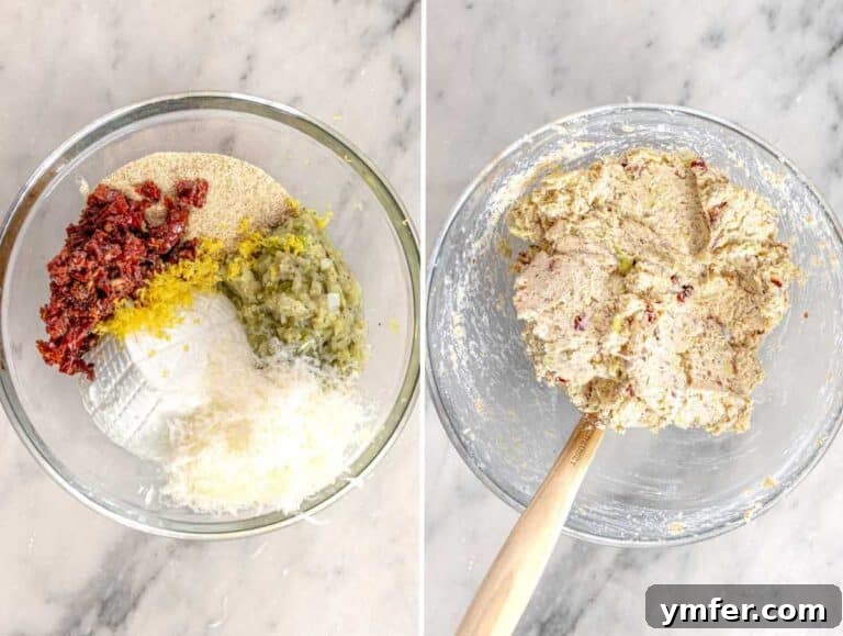 Mixing the ricotta, sun-dried tomato, and zucchini filling.