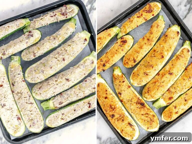 Stuffed zucchini before and after baking, showing golden-brown tops.