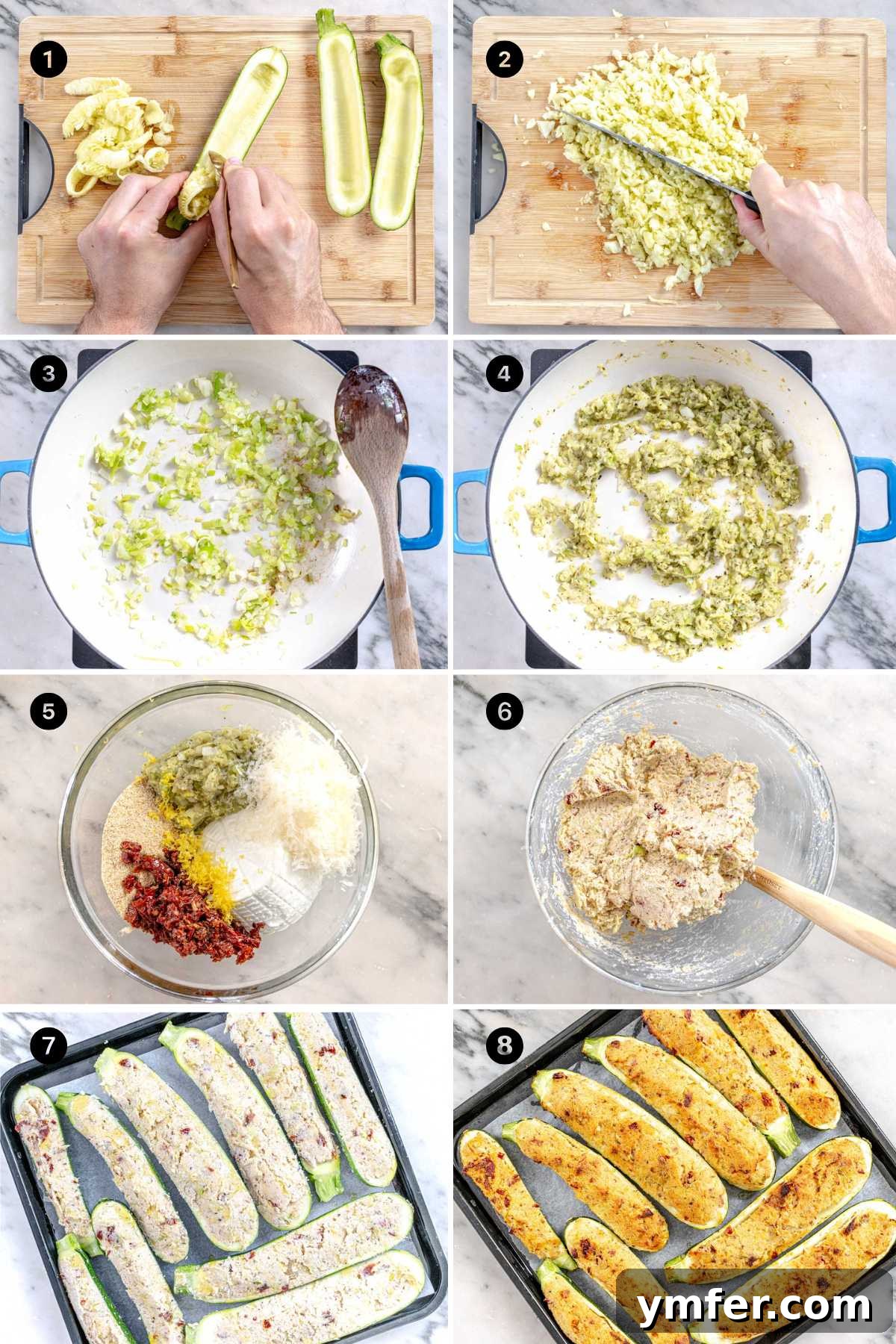 Visual steps illustrating how to prepare ricotta stuffed zucchini, from prepping the zucchini to mixing the filling.