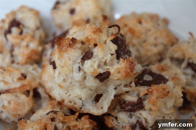 A close-up of Chocolate Chunk Macaroons cooling on a white plate, highlighting the visible chocolate pieces and the golden edges.