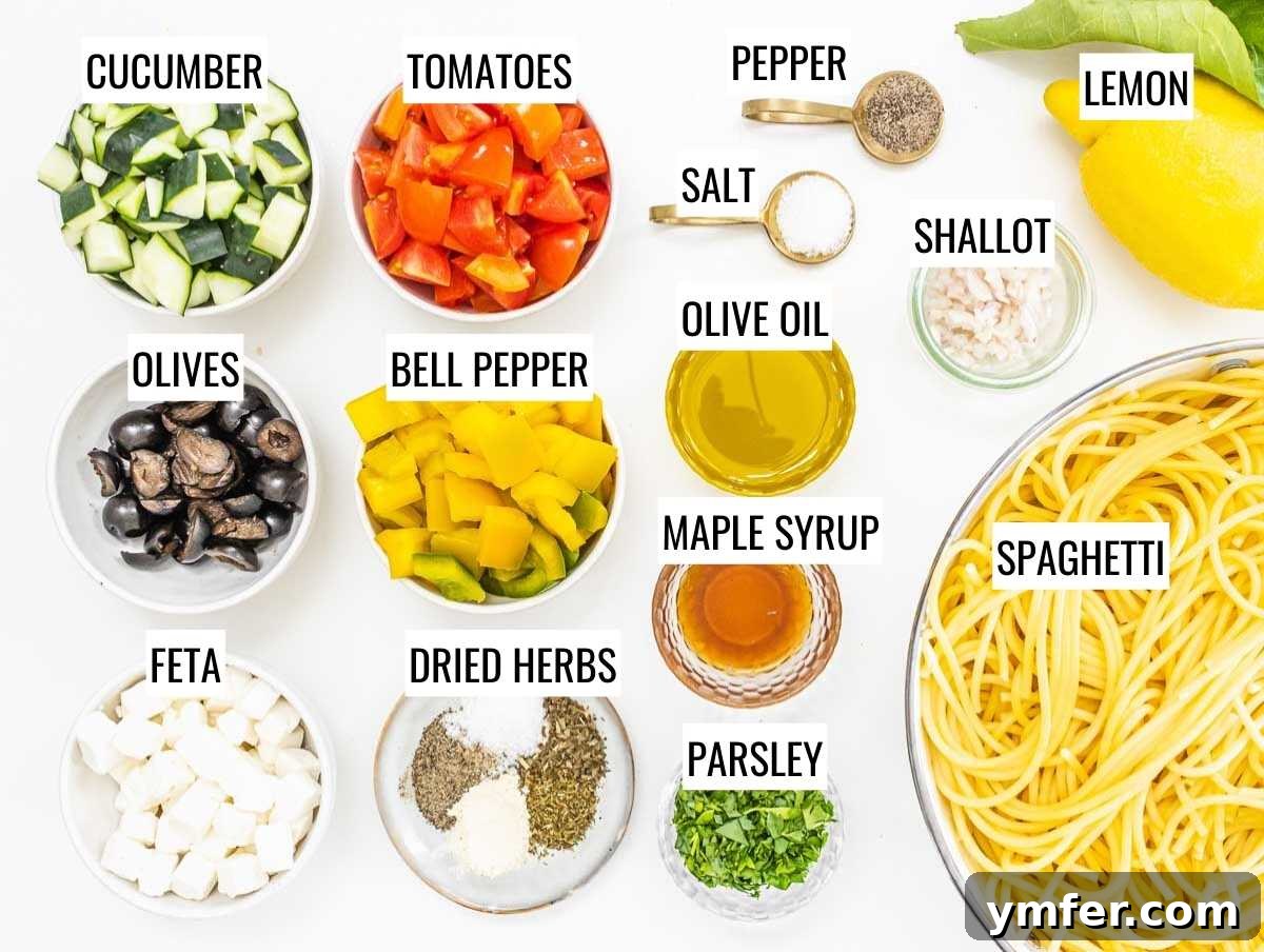 Vibrant Spaghetti Toss 4 A flat lay photograph showcasing all the fresh ingredients needed for spaghetti salad, including various chopped vegetables, herbs, and spaghetti.