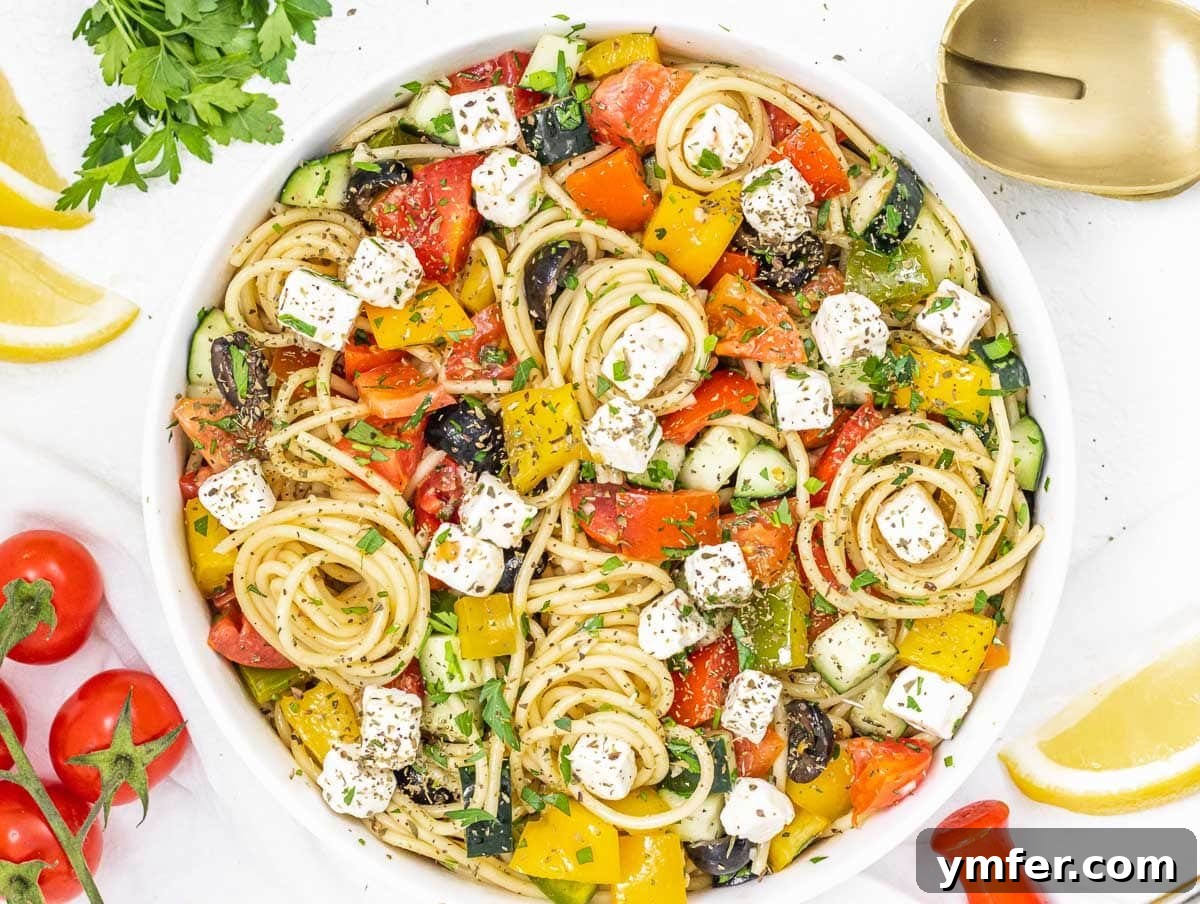 Vibrant Spaghetti Toss 8 Finished spaghetti salad tossed with feta cheese cubes and a sprinkle of dried oregano.