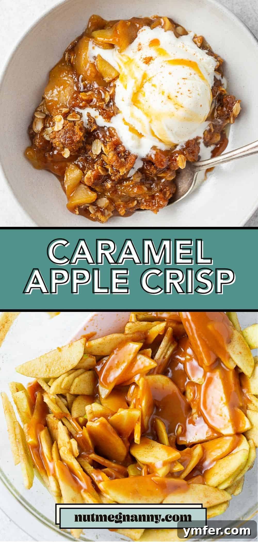 Sticky Caramel Apple Delight 8 Caramel Apple Crisp pin for Pinterest, vertical format.