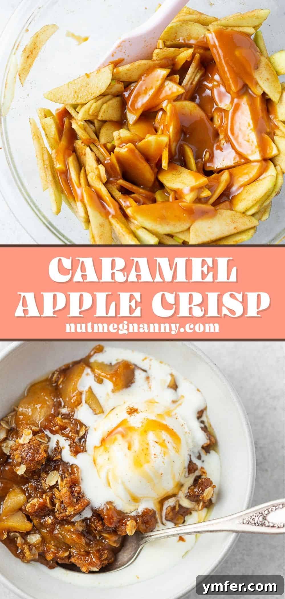 Sticky Caramel Apple Delight 9 Caramel Apple Crisp pin for Pinterest, alternative vertical format.