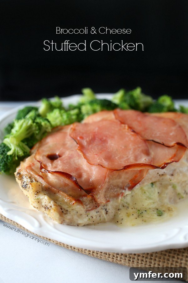 Broccoli and Cheese Stuffed Chicken Breast with Cappy Ham Close-up of golden brown Broccoli and Cheese Stuffed Chicken Breast topped with cappy ham