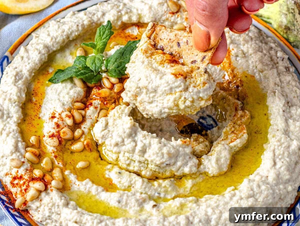 Smoky Eggplant Tahini Dip 5 Mutabal recipe with hand holding a cracker