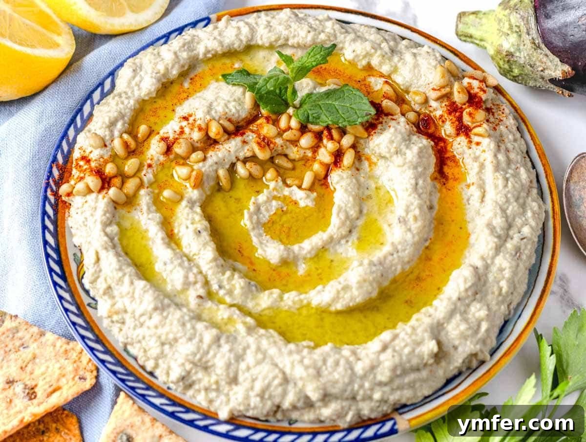 Smoky Eggplant Tahini Dip 9 Mutabal with olive oil, pine nuts, and fresh mint