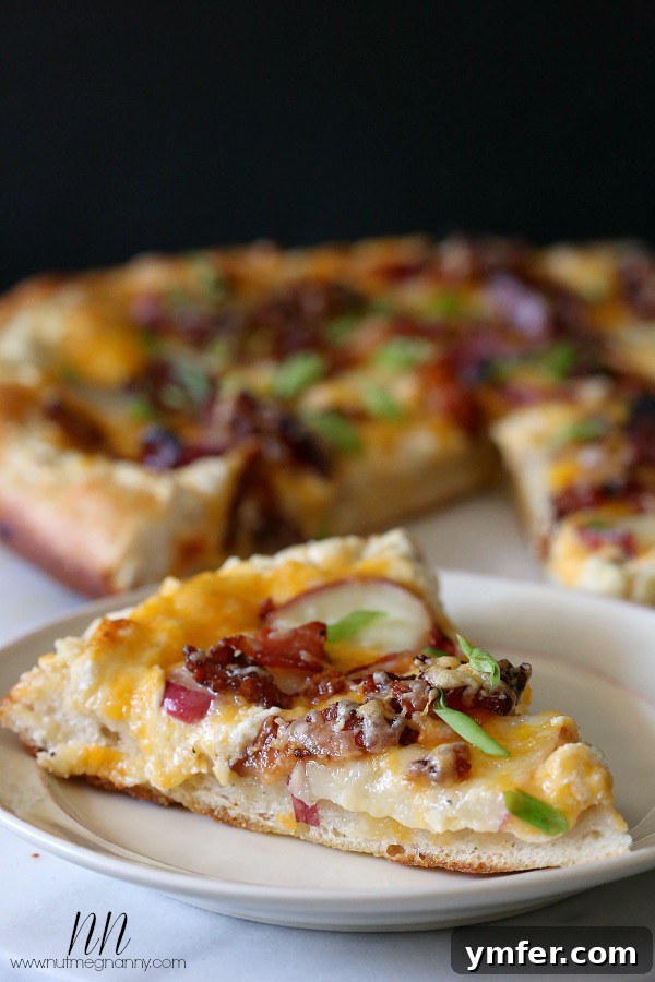 The Loaded Spud Pizza 3 Slices of loaded baked potato pizza arranged on a plate, showing the crispy crust and melted cheese.