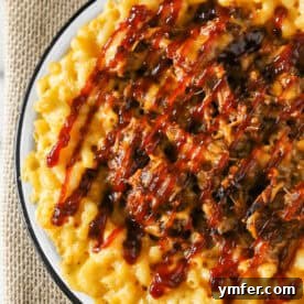 Pulled Pork Mac and Cheese dish ready to serve.