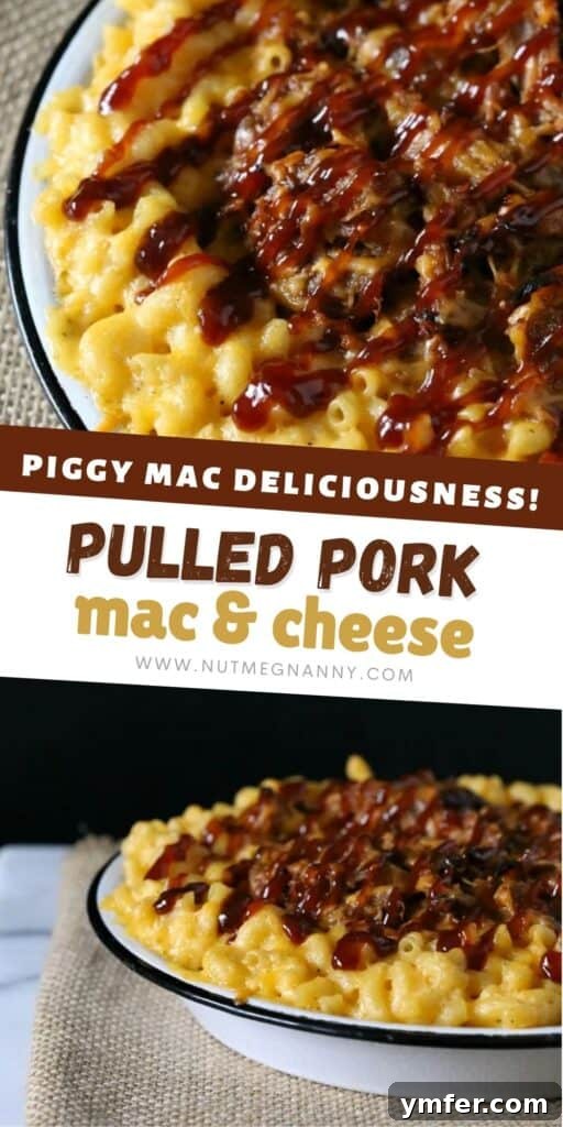 A Pinterest-friendly image for Pulled Pork Mac and Cheese.
