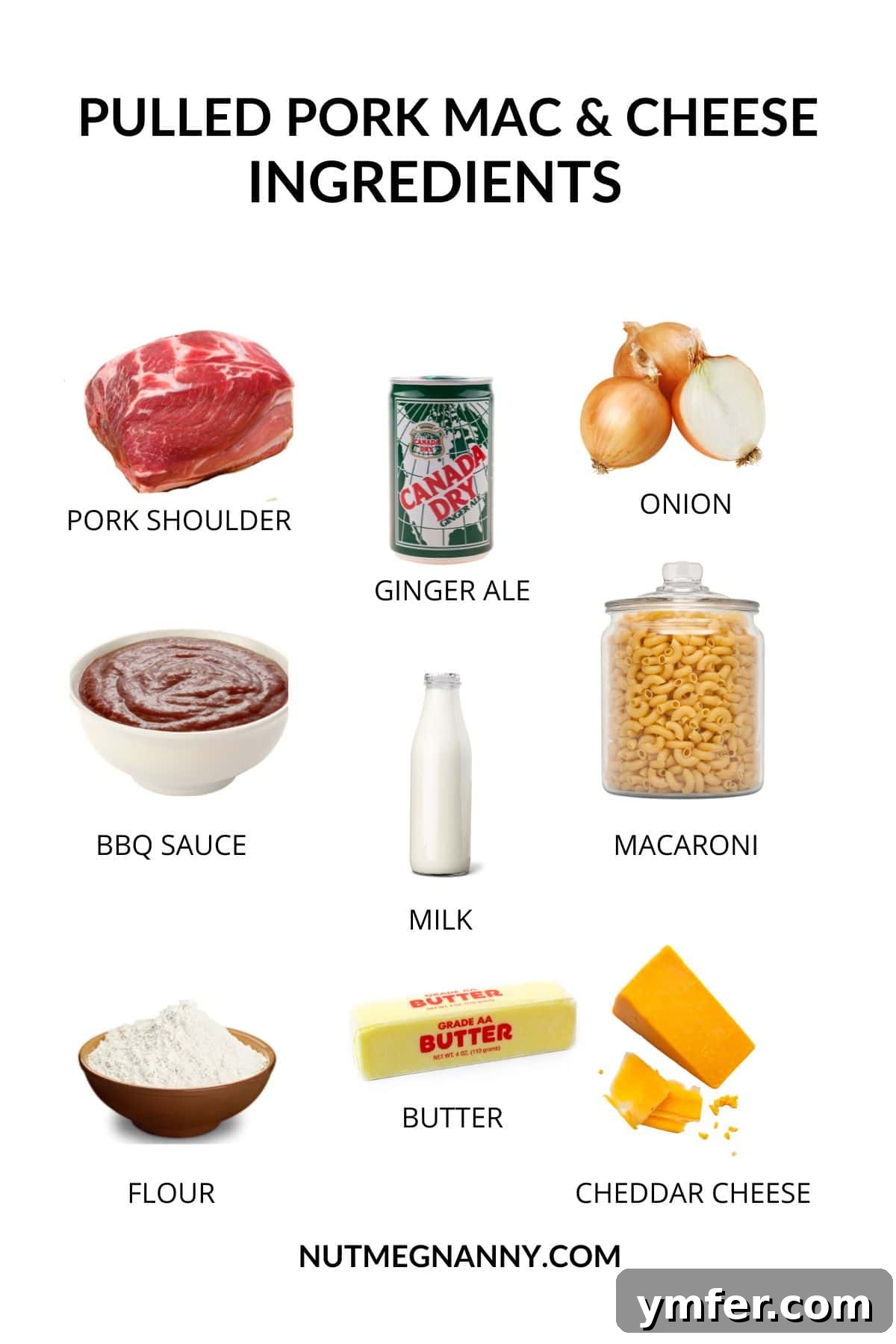 A close-up shot of the ingredients for Pulled Pork Mac and Cheese laid out on a wooden surface.