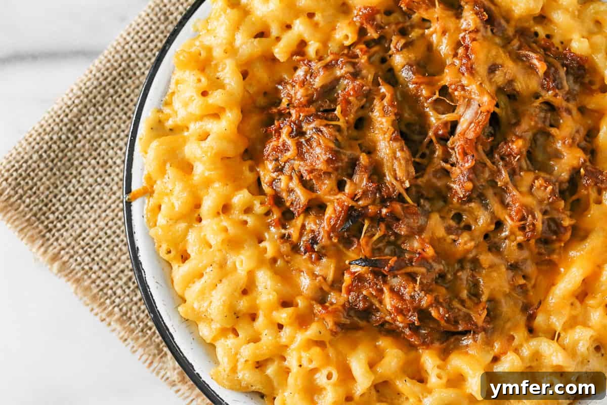 A close-up shot of creamy pulled pork mac and cheese, ready to be served.