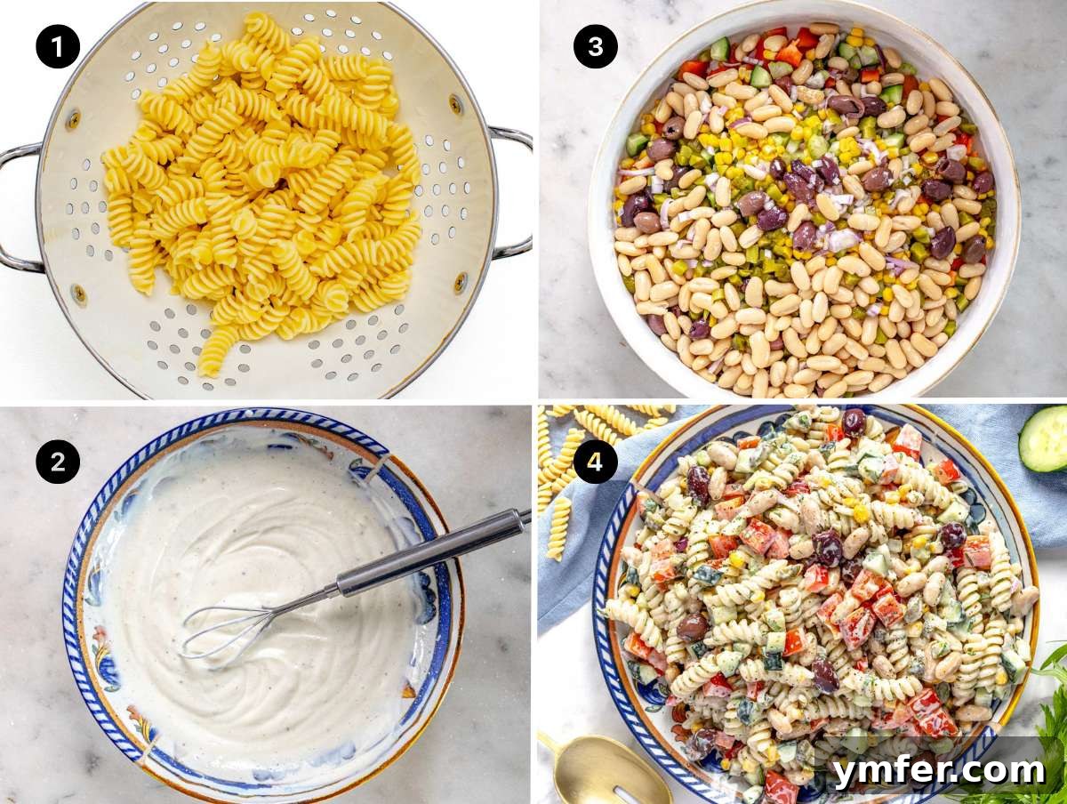 Velvety Pasta Salad 4 Four step-by-step images demonstrating the process of making creamy pasta salad, from cooking pasta to mixing ingredients.