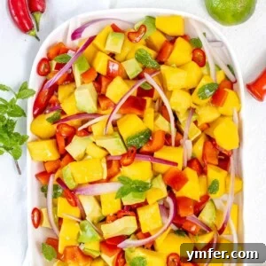 easy mango salad with avocado, lime, mint and bell pepper