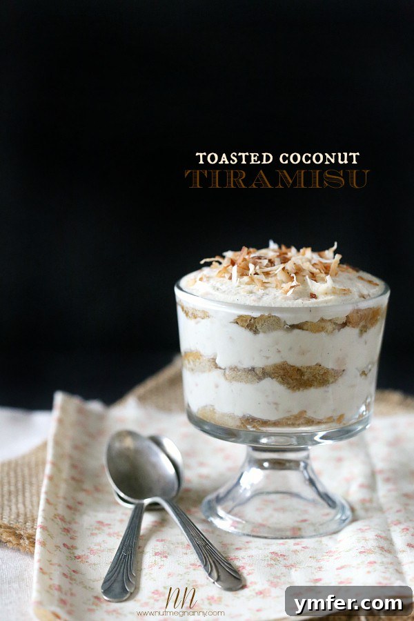 Toasted Coconut Tiramisu by Nutmeg Nanny A perfectly portioned Toasted Coconut Tiramisu in a small elegant glass dish, showing layers of creamy filling and coffee-soaked ladyfingers, topped with golden toasted coconut flakes.