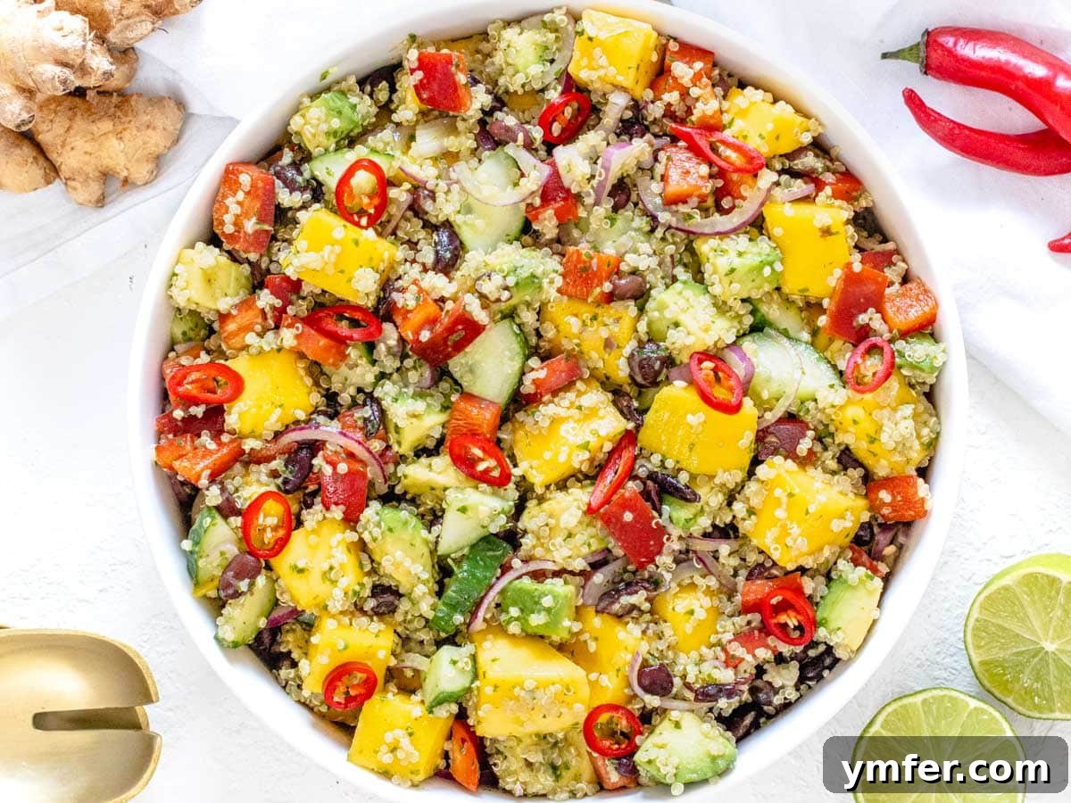 Zesty Black Bean Mango Medley 13 Black Bean Mango Quinoa Salad garnished with chili and lime slices