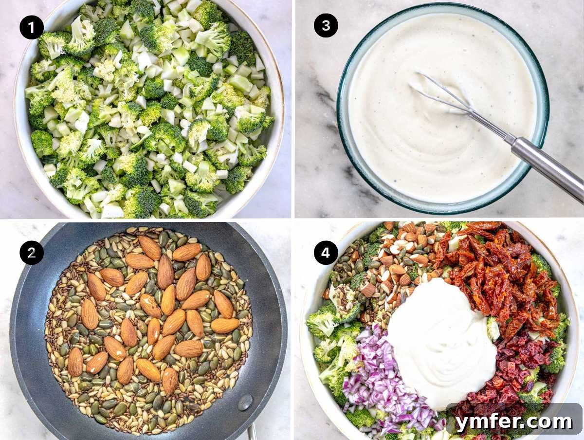 Creamy Broccoli Delight 5 Step-by-step pictures for making a healthy and creamy broccoli salad.