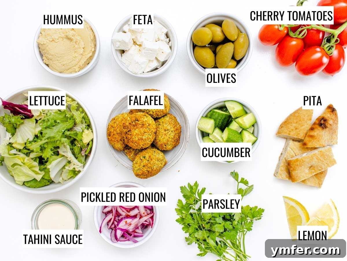 Vibrant Mediterranean Bowl 4 Mediterranean bowl ingredients laid out