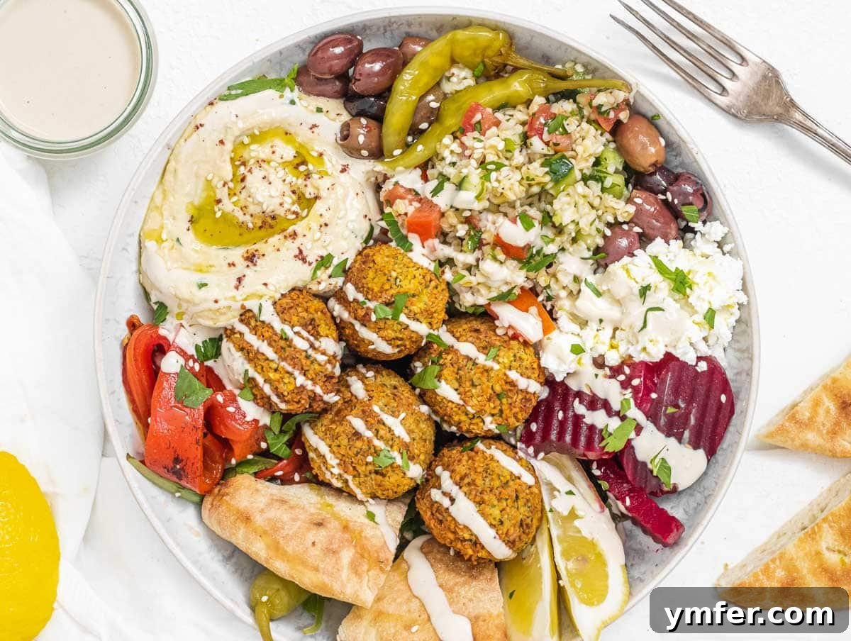 Vibrant Mediterranean Bowl 8 Falafel bowl with various veggies and dressing