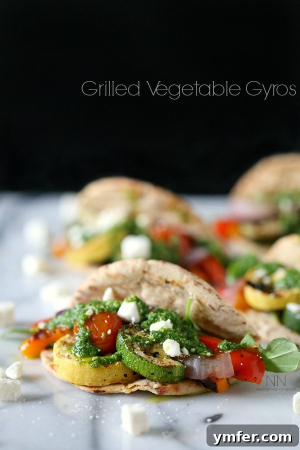 Grilled Vegetable Gyros with Arugula Mint Pesto via Nutmeg Nanny