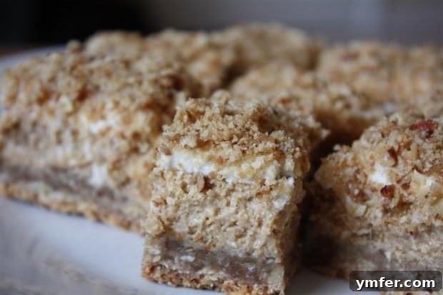 Plate of freshly baked Pumpkin Cheesecake Crumble Squares, garnished beautifully.