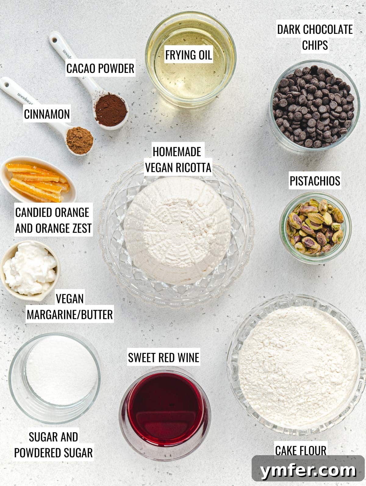 Assortment of fresh ingredients for making vegan cannoli, neatly arranged.