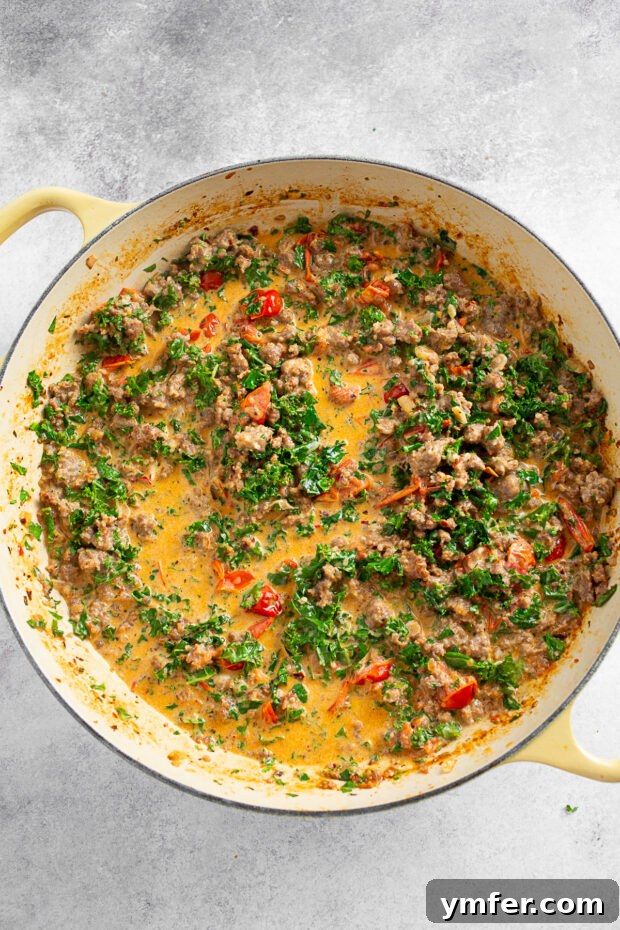 Italian Sausage Kale sauce in a skillet. 