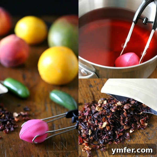 Spicy Hibiscus Peach Tea Sangria collage with fresh peaches, hibiscus flowers, and jalapeños