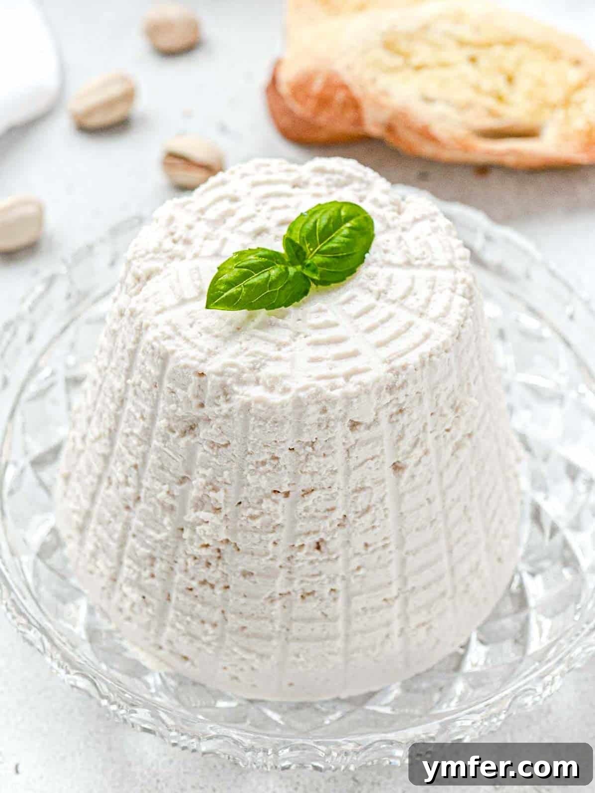 Creamy Vegan Ricotta 2 Freshly made vegan ricotta cheese on a plate, garnished with vibrant green basil leaves, emphasizing its creamy texture.
