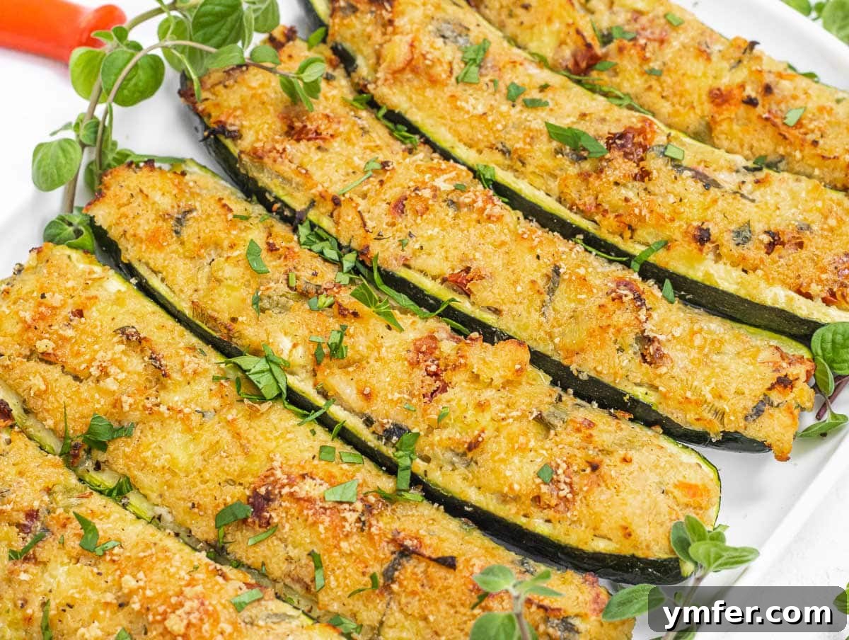 Creamy Vegan Ricotta 19 Baked stuffed zucchini halves generously filled with creamy vegan ricotta, fresh from the oven.