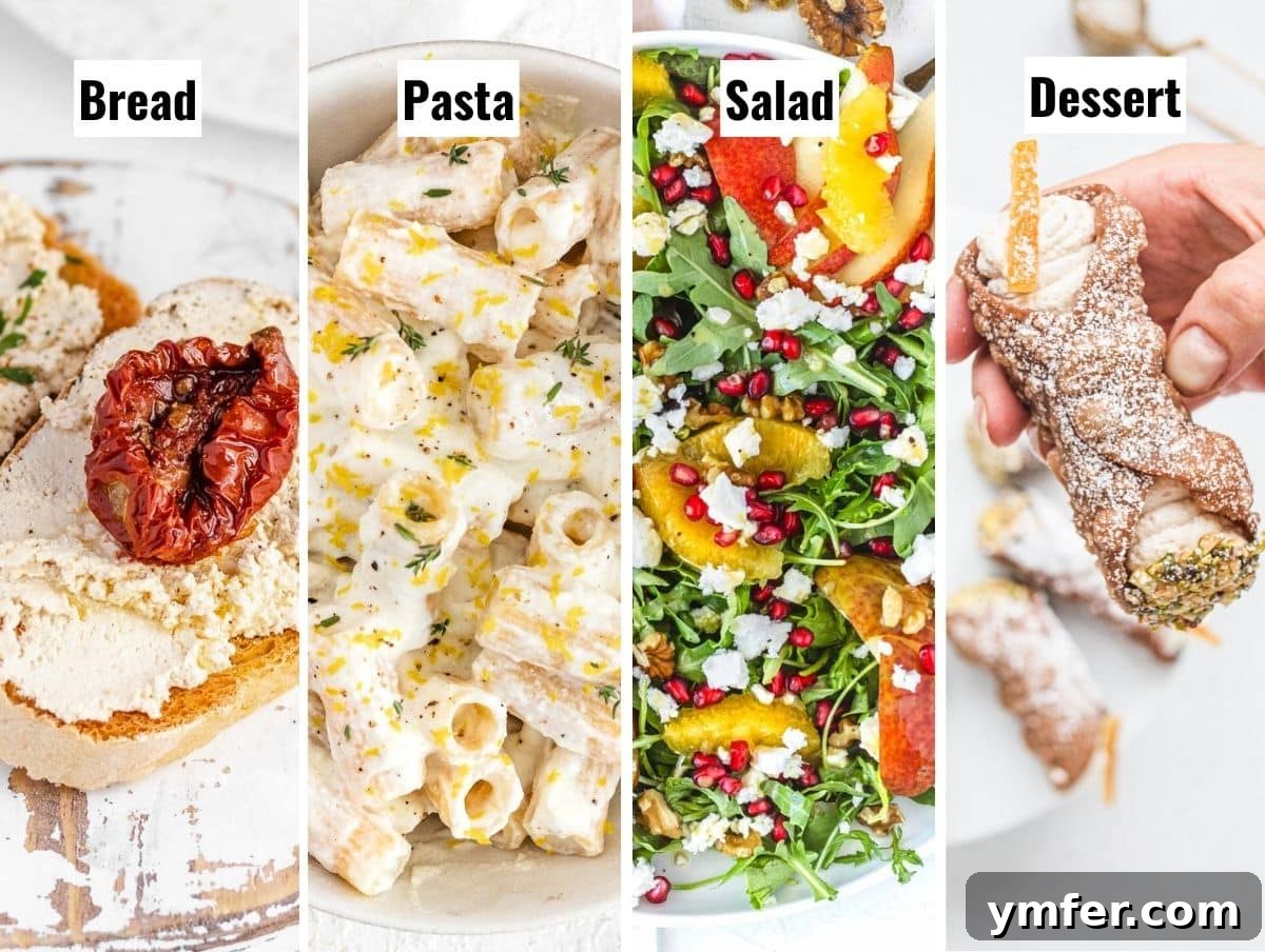 Creamy Vegan Ricotta 3 A selection of serving suggestions for homemade vegan ricotta, showcasing its versatility in various dishes.